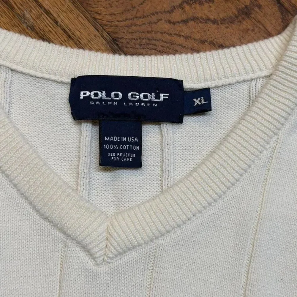 Polo by Ralph Lauren White V-Neck Cable Knit Vest with Light Blue Pony